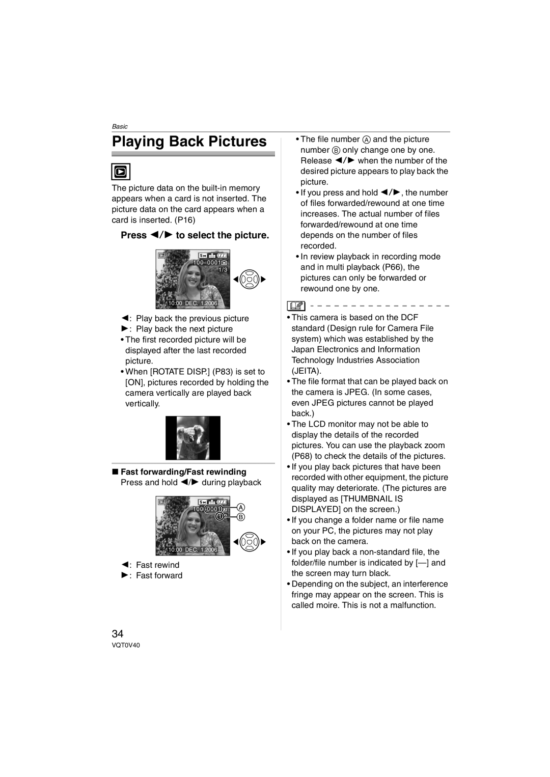 Panasonic DMC-TZ1 Playing Back Pictures, Press 2/1 to select the picture, Fast forwarding/Fast rewinding 