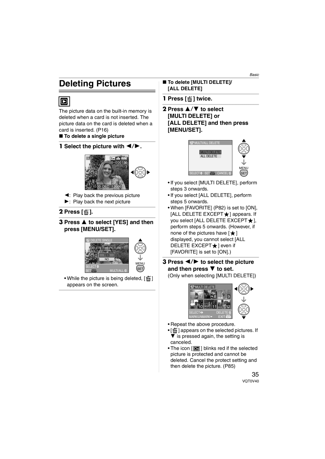 Panasonic DMC-TZ1 Deleting Pictures, Select the picture with 2/1, Press Press 3 to select YES and then press MENU/SET 