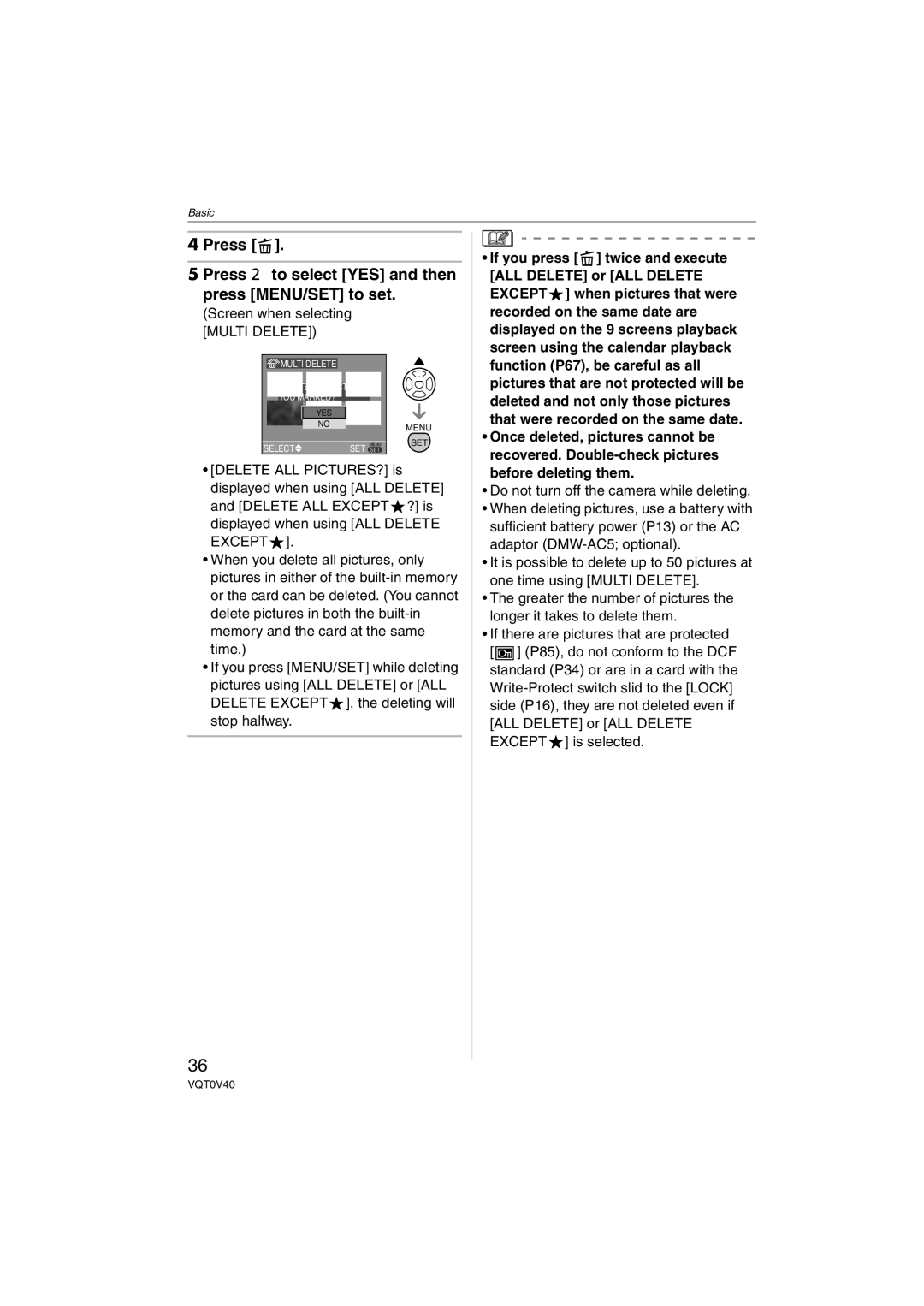 Panasonic DMC-TZ1 Press Press 3 to select YES and then press MENU/SET to set, Screen when selecting Multi Delete 