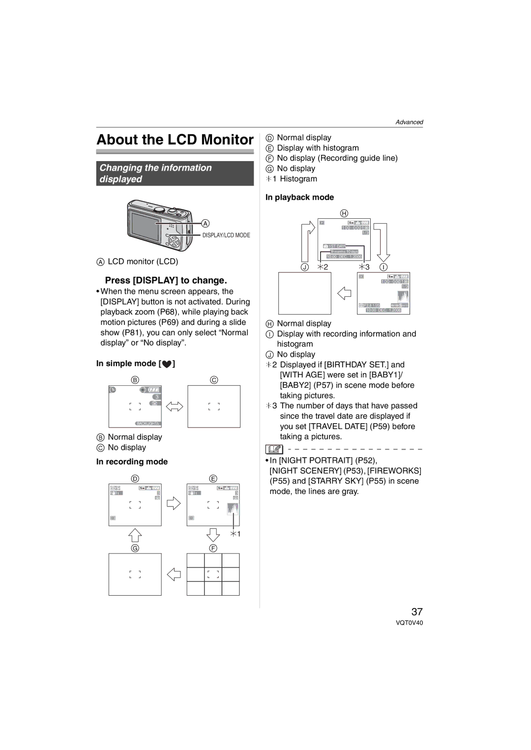 Panasonic DMC-TZ1 About the LCD Monitor, Press Display to change, Simple mode, Recording mode, Playback mode 