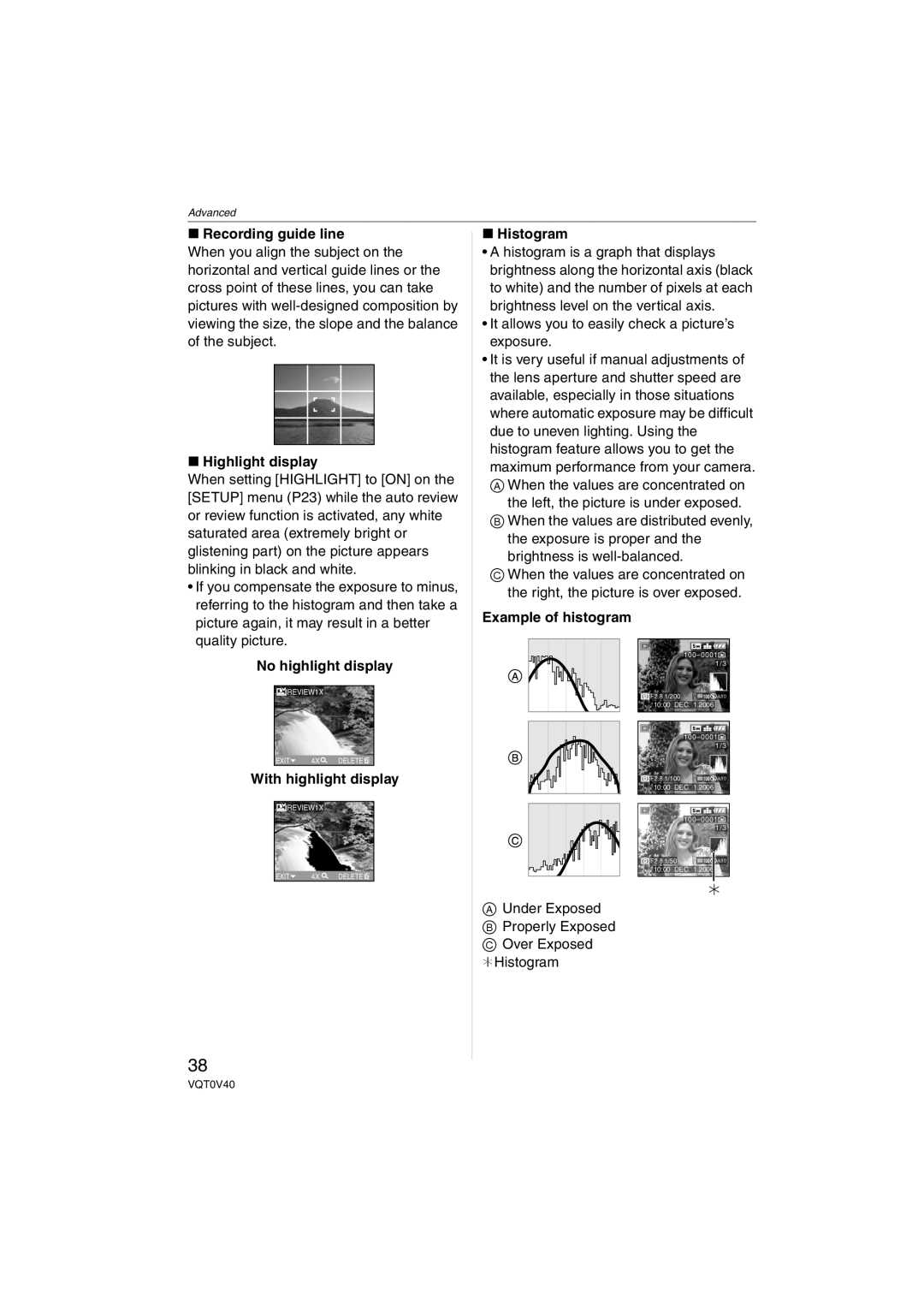 Panasonic DMC-TZ1 Recording guide line, Highlight display, No highlight display, With highlight display, Histogram 