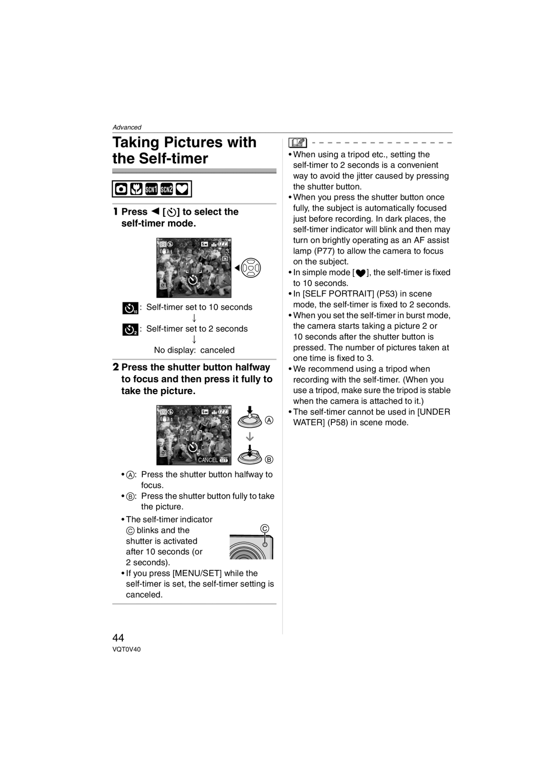 Panasonic DMC-TZ1 operating instructions Taking Pictures with the Self-timer, Press 2 to select the self-timer mode 