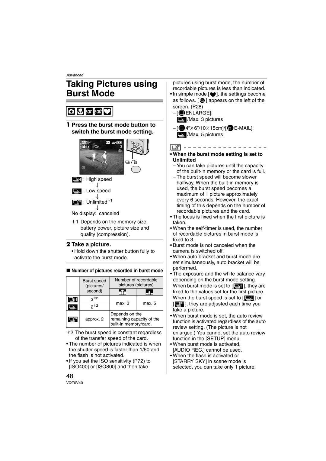 Panasonic DMC-TZ1 operating instructions Taking Pictures using Burst Mode, Max pictures 4qk6q/10k15cm/ E-MAIL 