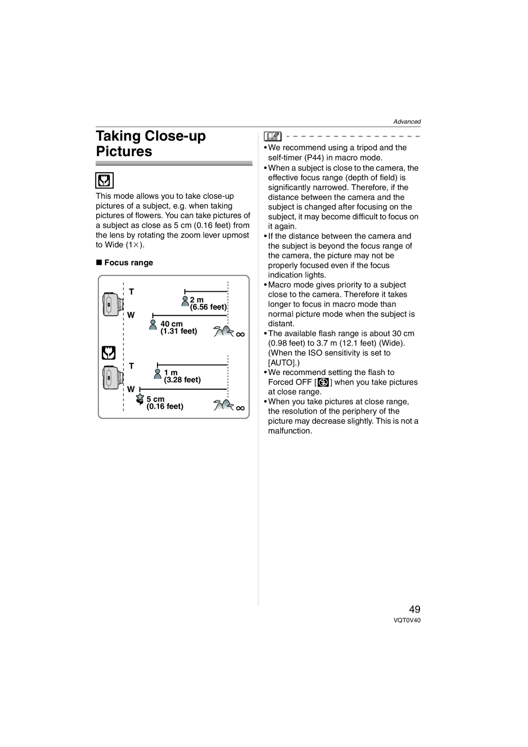 Panasonic DMC-TZ1 operating instructions Taking Close-up Pictures, Focus range 