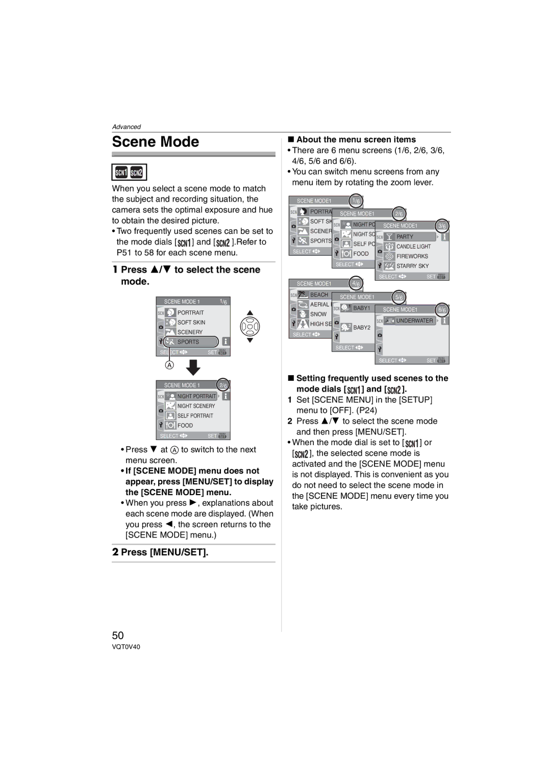 Panasonic DMC-TZ1 Scene Mode, Press 3/4 to select the scene mode, There are 6 menu screens 1/6, 2/6, 3/6, 4/6, 5/6 and 6/6 