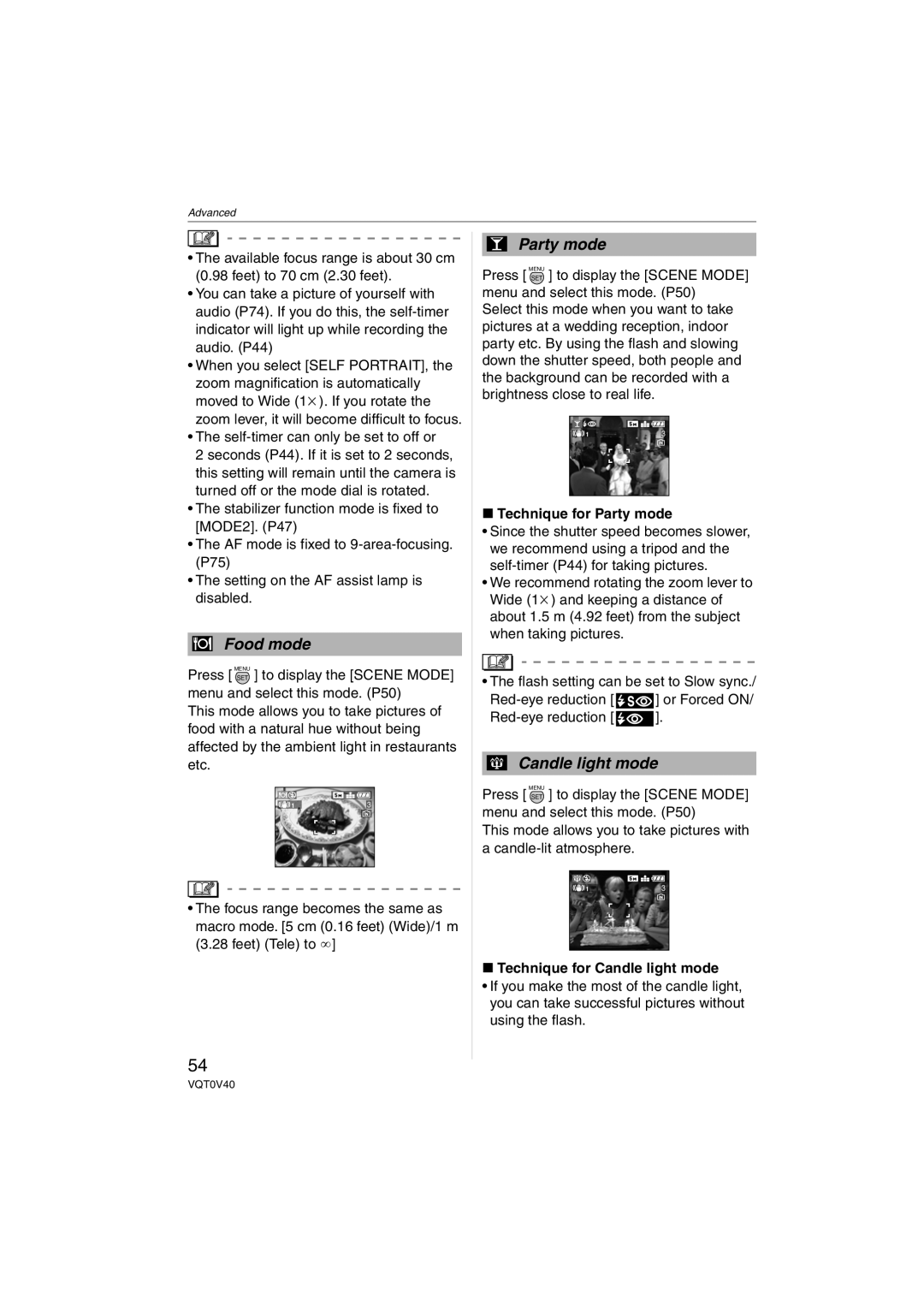 Panasonic DMC-TZ1 operating instructions Technique for Party mode, Technique for Candle light mode 