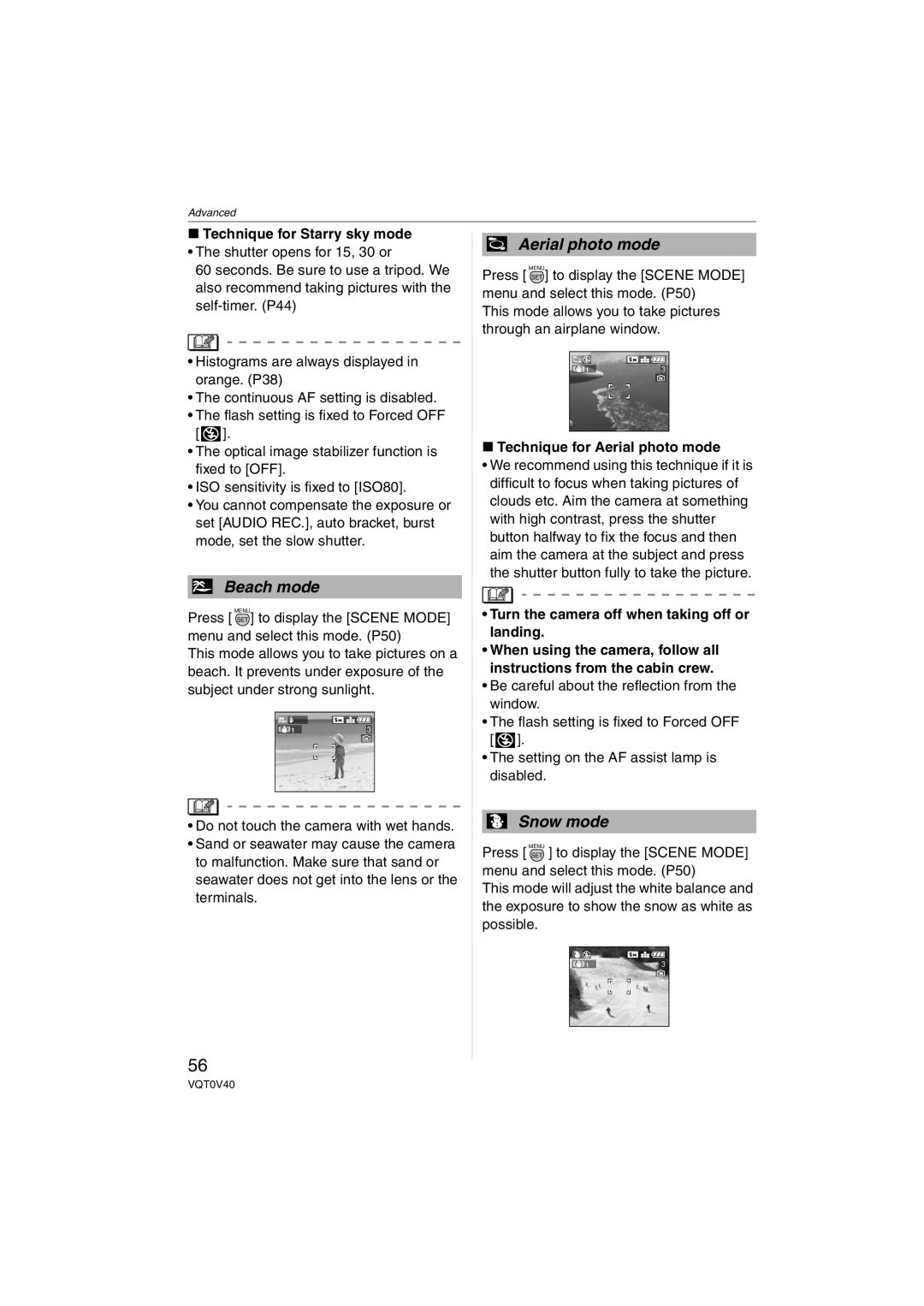 Panasonic DMC-TZ1 operating instructions Technique for Starry sky mode, Technique for Aerial photo mode 