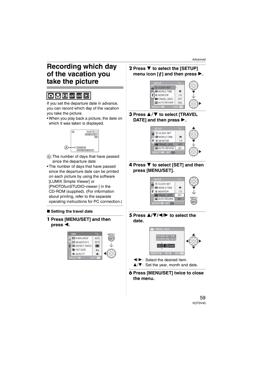 Panasonic DMC-TZ1 Recording which day of the vacation you take the picture, Press 3/4 to select Travel Date and then press 