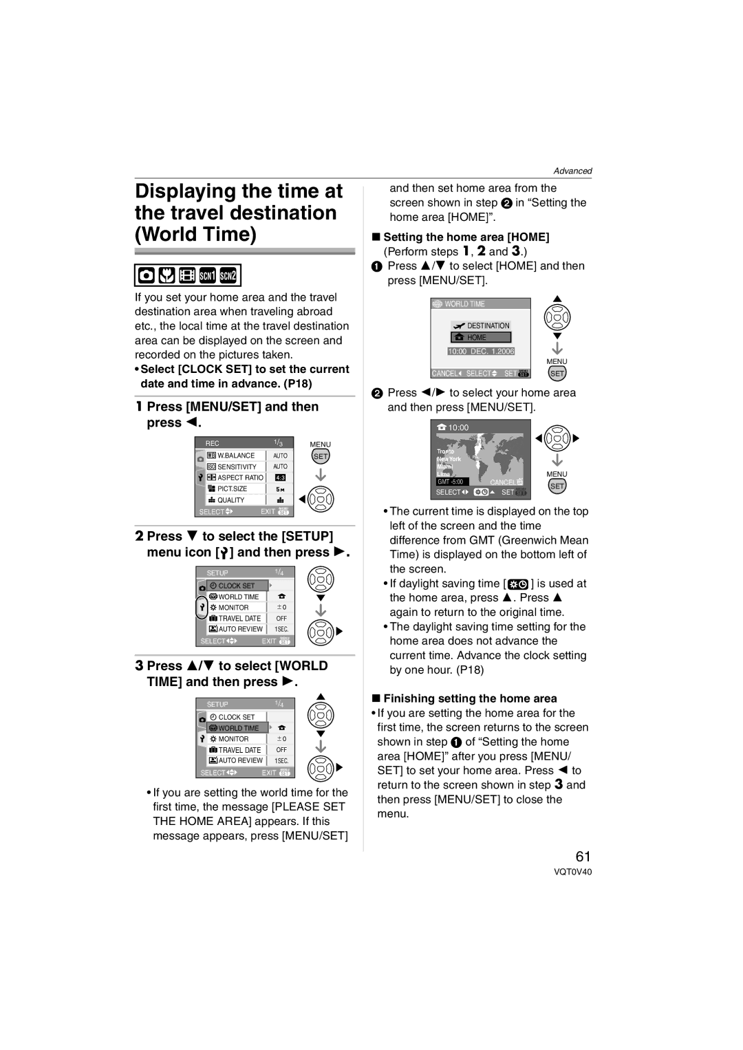 Panasonic DMC-TZ1 operating instructions Press 3/4 to select World Time and then press, Setting the home area Home 