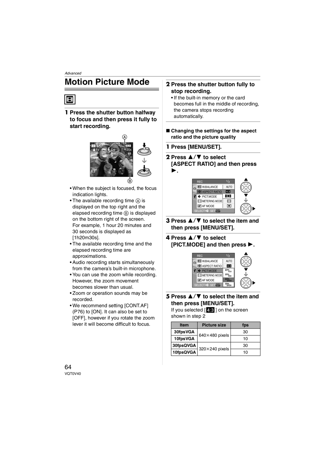 Panasonic DMC-TZ1 operating instructions Motion Picture Mode, Press the shutter button fully to stop recording 