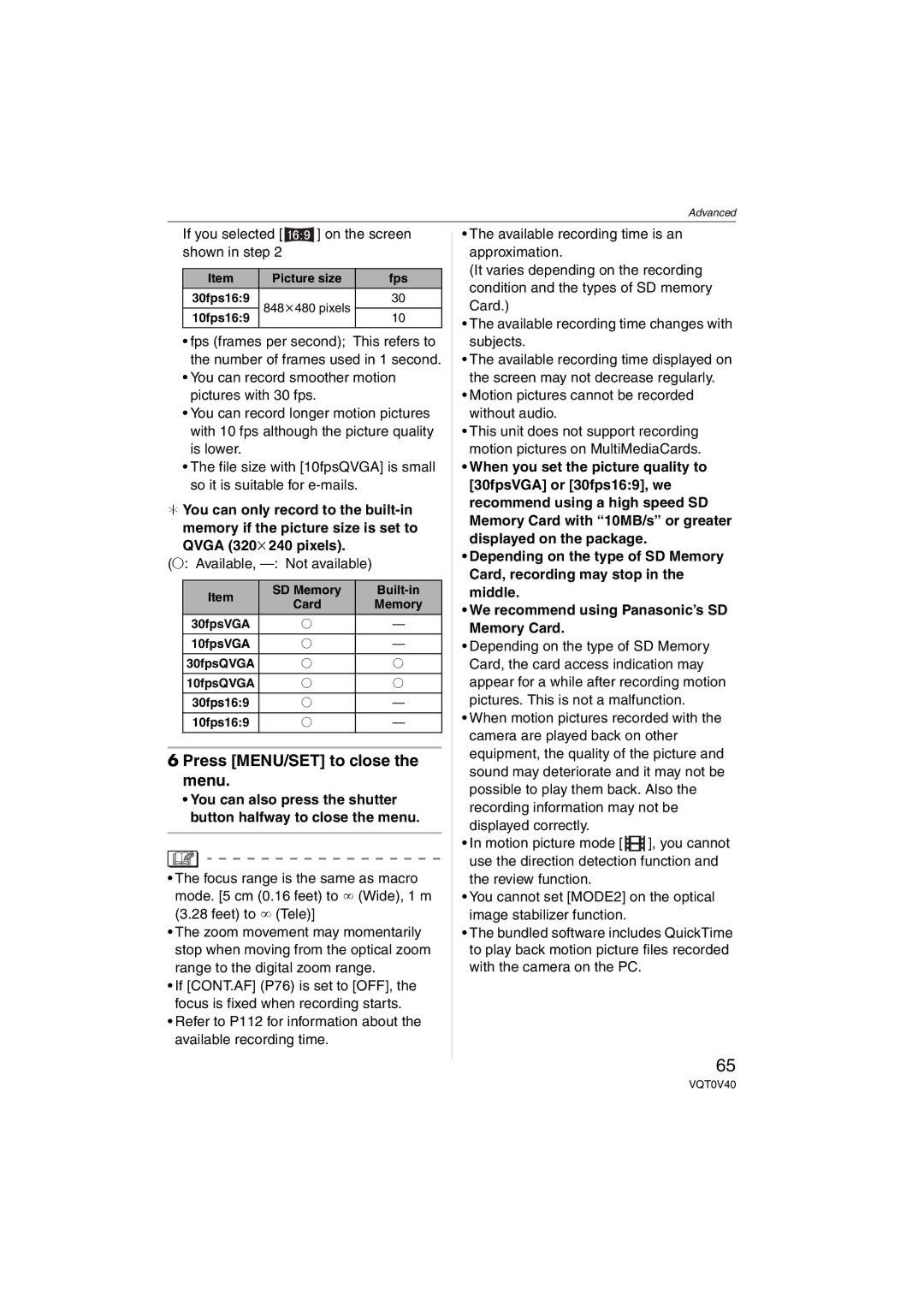 Panasonic DMC-TZ1 operating instructions Picture size Fps 30fps169 848 k480 pixels 10fps169 