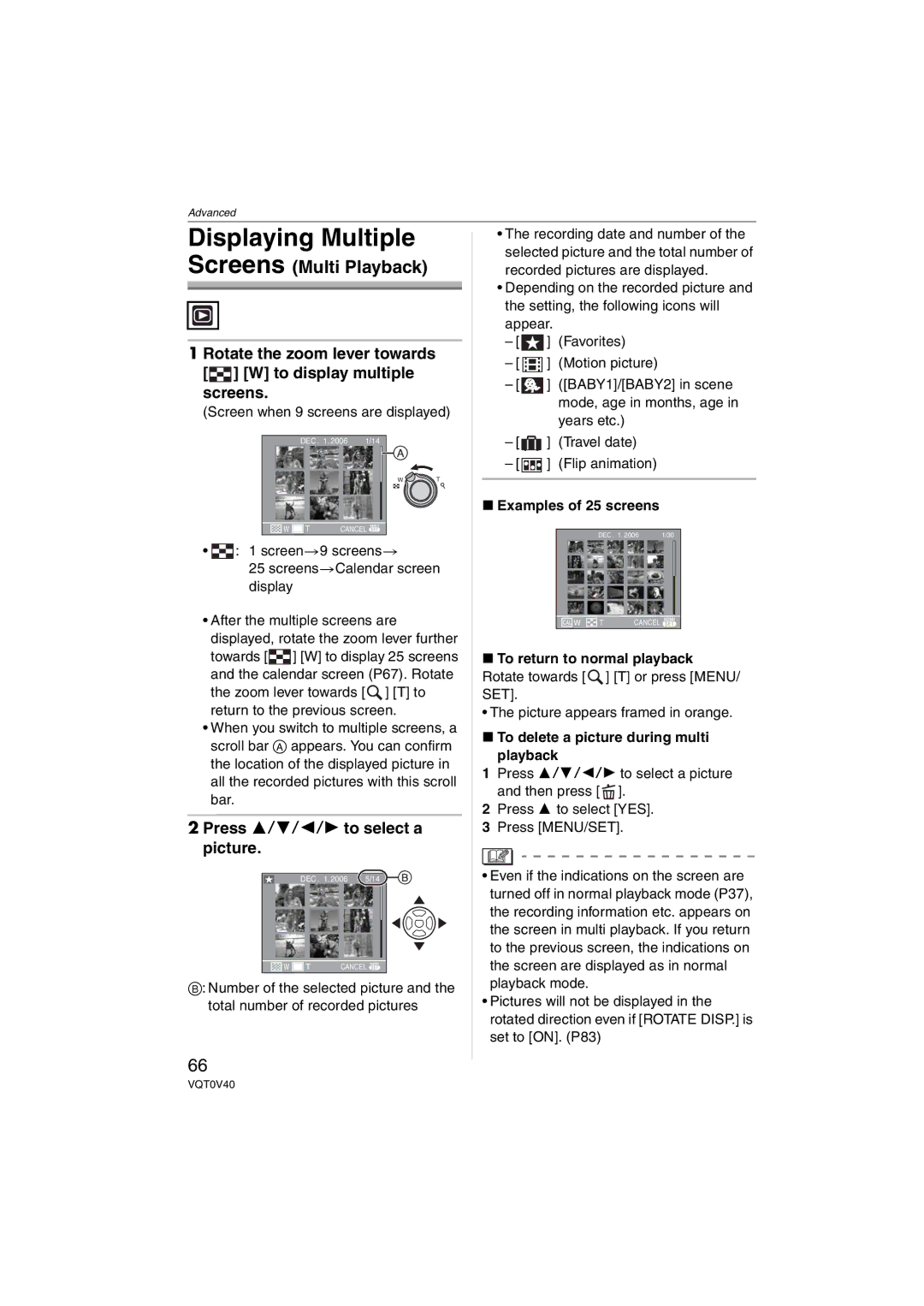 Panasonic DMC-TZ1 operating instructions Displaying Multiple, Rotate the zoom lever towards W to display multiple screens 