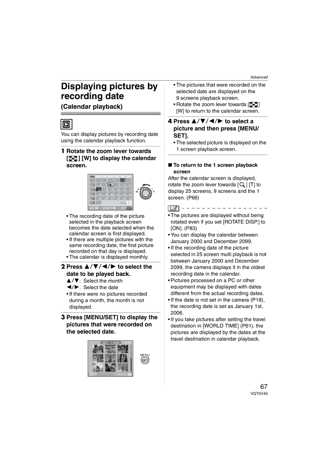 Panasonic DMC-TZ1 Displaying pictures by recording date, Rotate the zoom lever towards W to display the calendar, Screen 