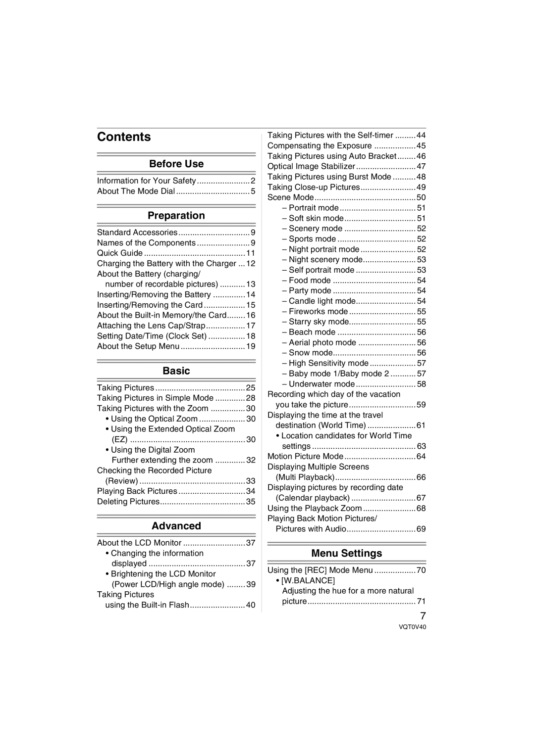 Panasonic DMC-TZ1 operating instructions Contents 