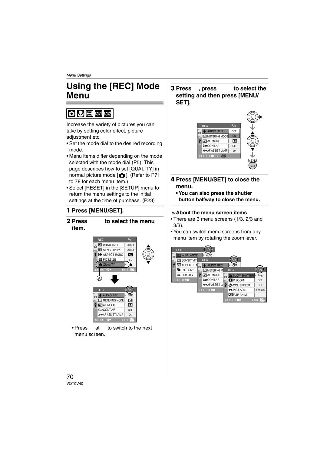 Panasonic DMC-TZ1 operating instructions Using the REC Mode Menu, Press MENU/SET Press 3/4 to select the menu item 