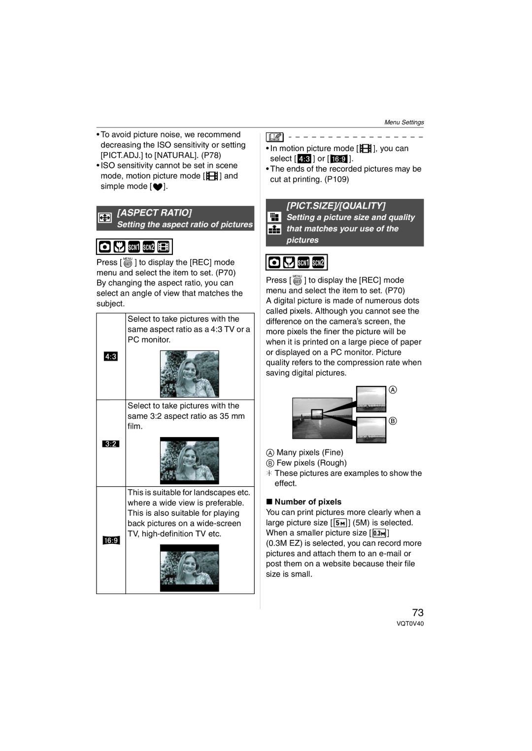 Panasonic DMC-TZ1 Aspect Ratio, Pict.Size/Quality, Setting the aspect ratio of pictures, Number of pixels 