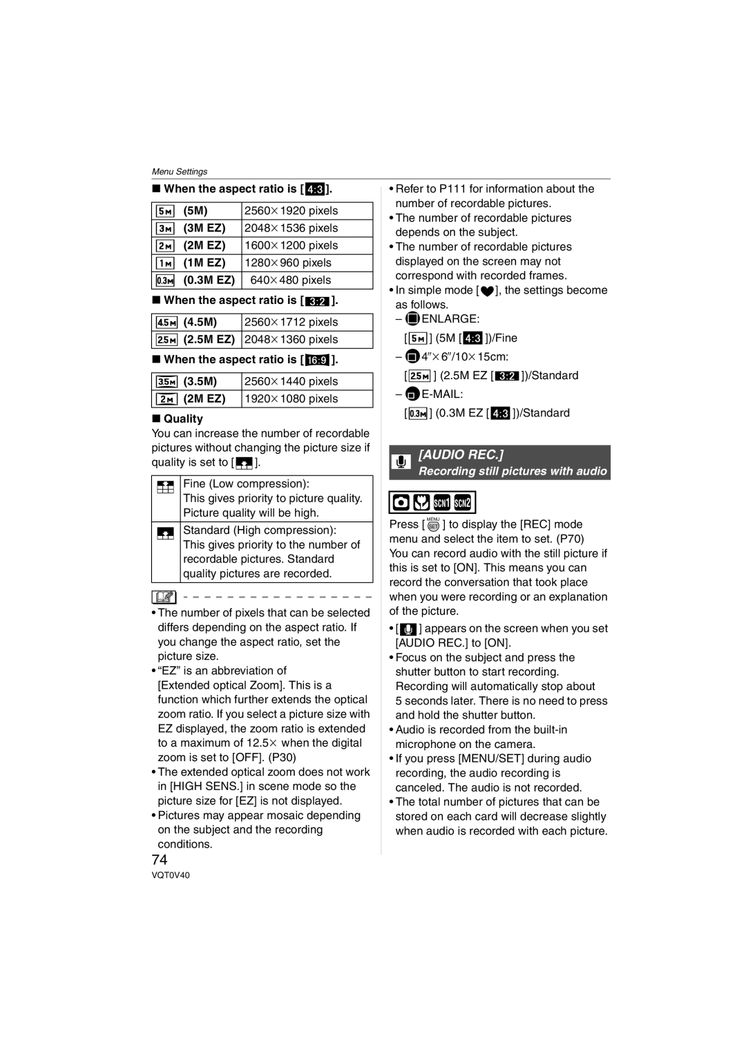 Panasonic DMC-TZ1 operating instructions Audio REC, Recording still pictures with audio 