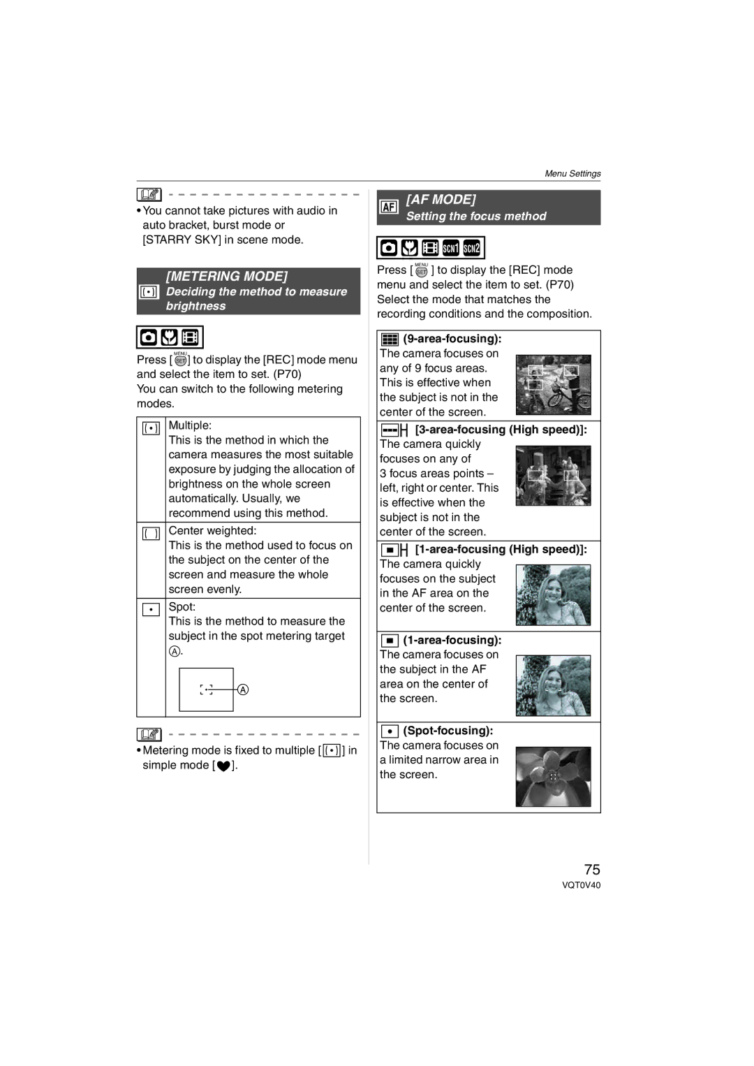 Panasonic DMC-TZ1 Metering Mode, AF Mode, Deciding the method to measure brightness, Setting the focus method 