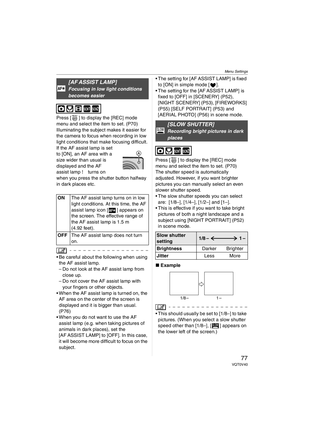 Panasonic DMC-TZ1 operating instructions AF Assist Lamp, Slow Shutter, Focusing in low light conditions becomes easier 