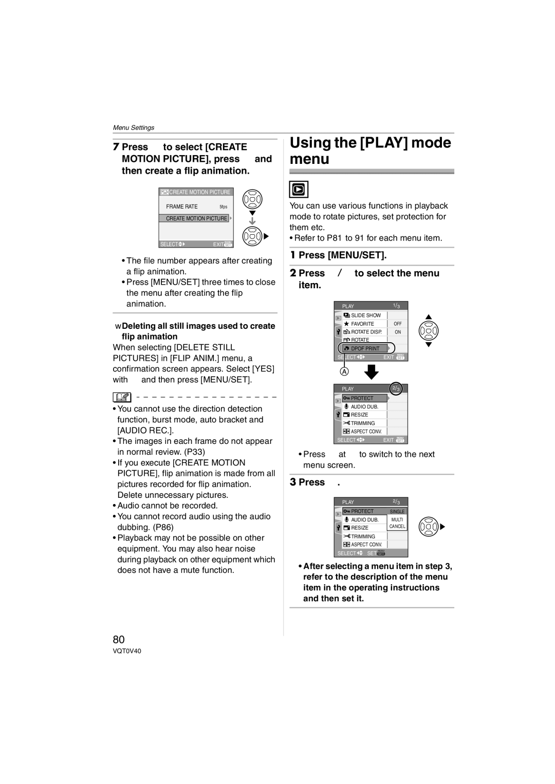 Panasonic DMC-TZ1 Using the Play mode menu, Press, Deleting all still images used to create flip animation 