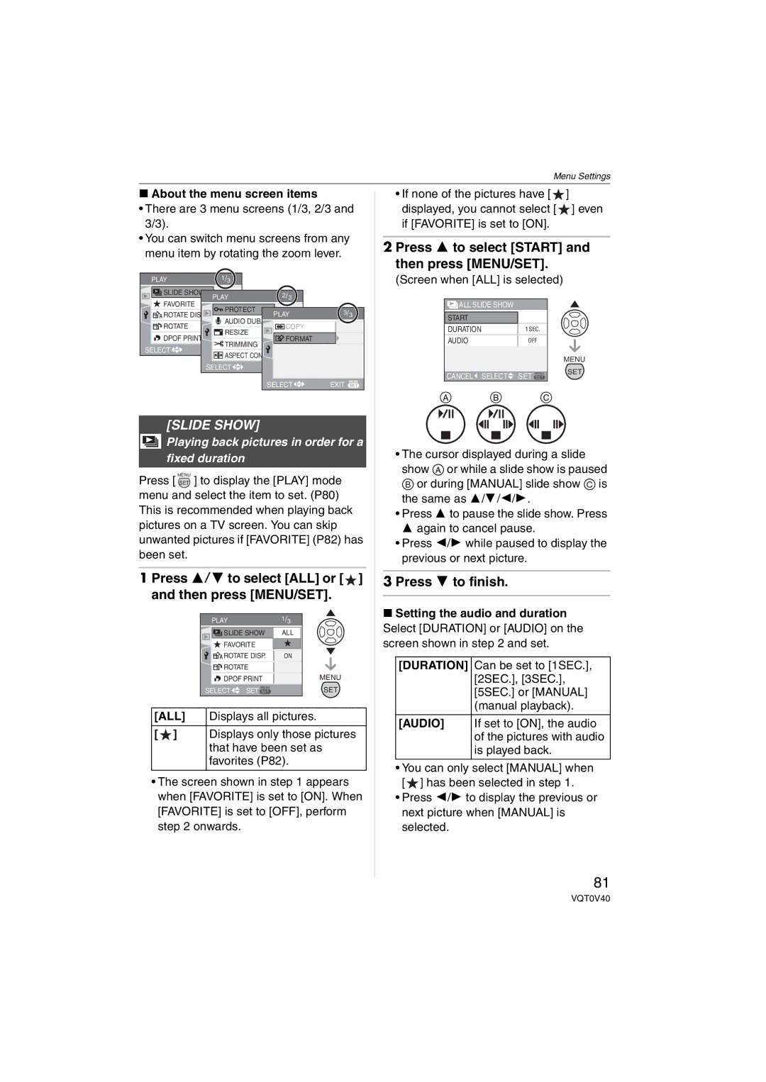 Panasonic DMC-TZ1 operating instructions Slide Show, Press 3/4 to select ALL or and then press MENU/SET, Press 4 to finish 