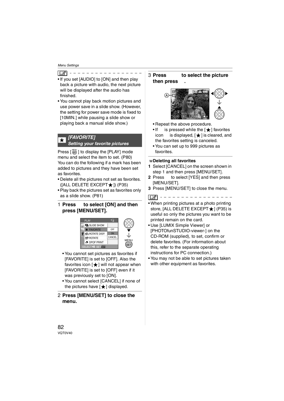 Panasonic DMC-TZ1 Favorite, Setting your favorite pictures, Deleting all favorites, Printed remain on the card 