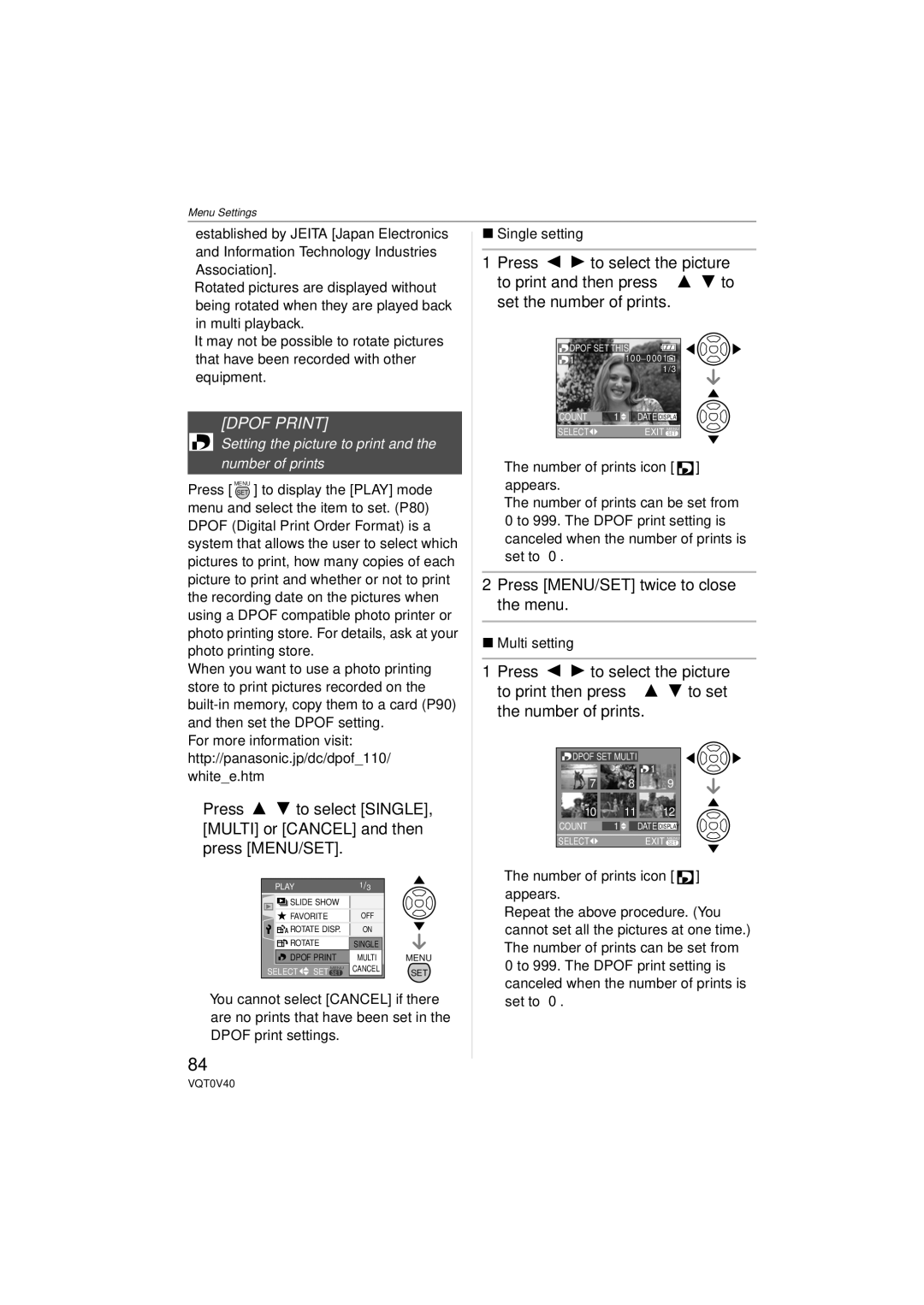 Panasonic DMC-TZ1 Dpof Print, Setting the picture to print and the number of prints, Single setting, Multi setting 