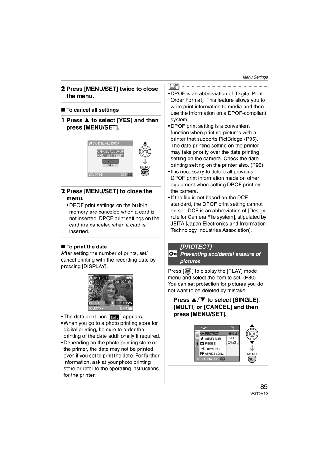 Panasonic DMC-TZ1 operating instructions Protect, To cancel all settings, To print the date, Date print icon Date appears 