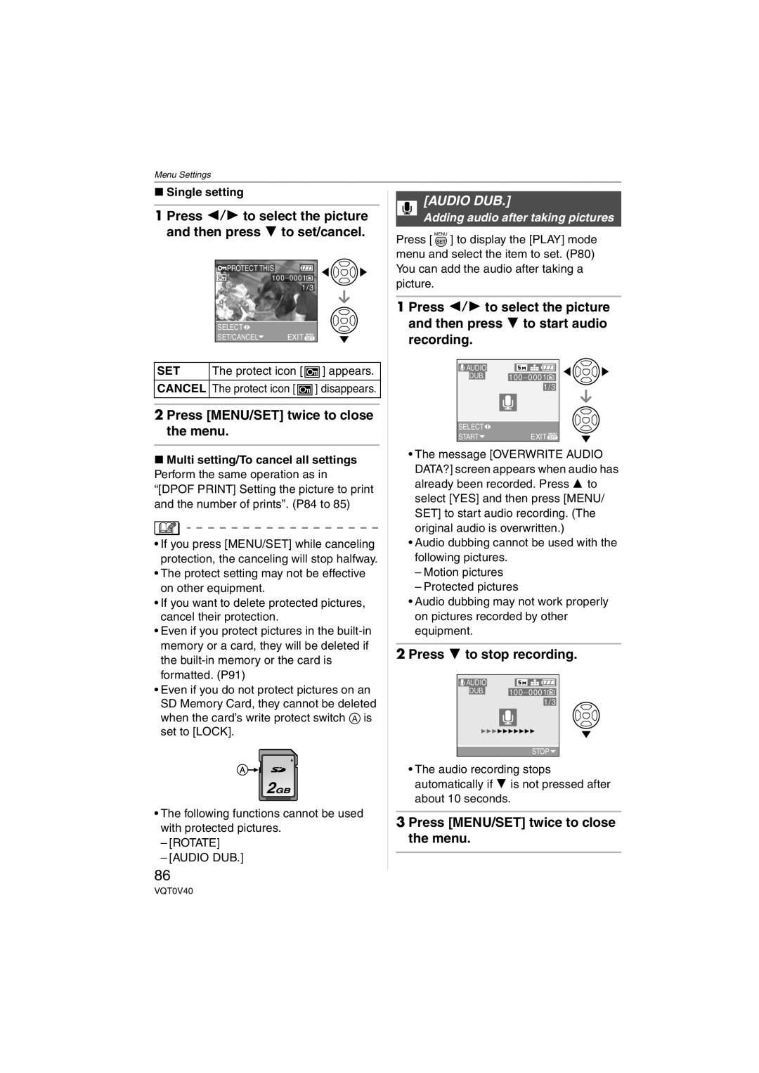 Panasonic DMC-TZ1 operating instructions Audio DUB, Press 4 to stop recording, Cancel The protect icon disappears 