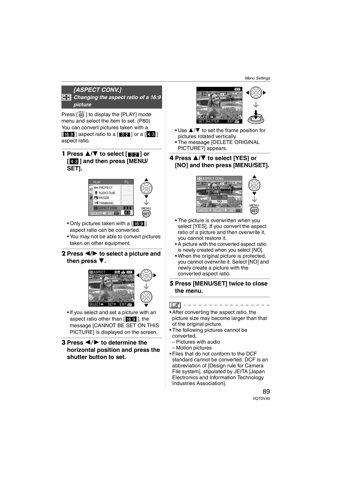 Panasonic DMC-TZ1 Aspect Conv, Press 3/4 to select or and then press MENU/ SET, Changing the aspect ratio of a 169 picture 