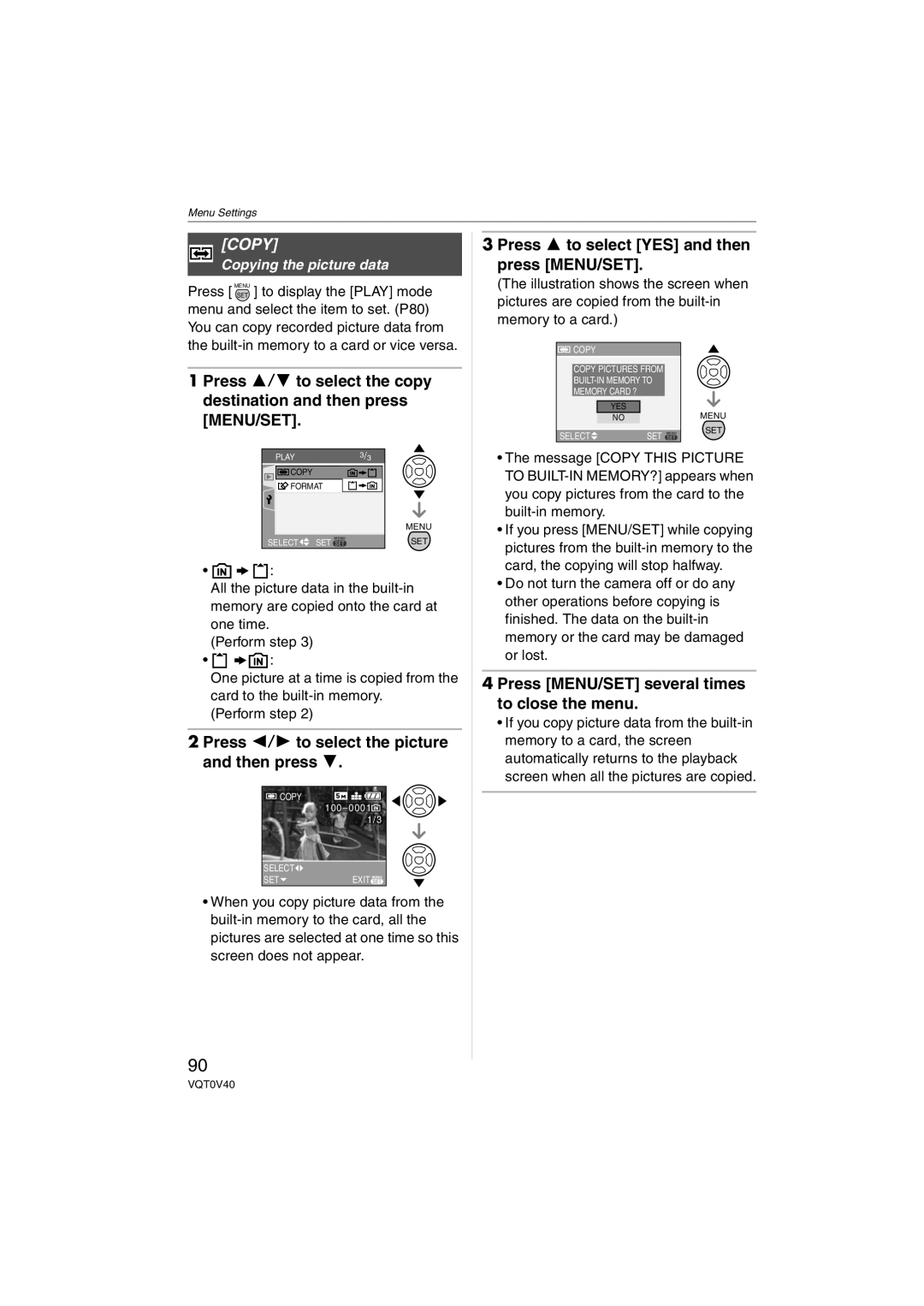 Panasonic DMC-TZ1 Press 3/4 to select the copy destination and then press, Copying the picture data 