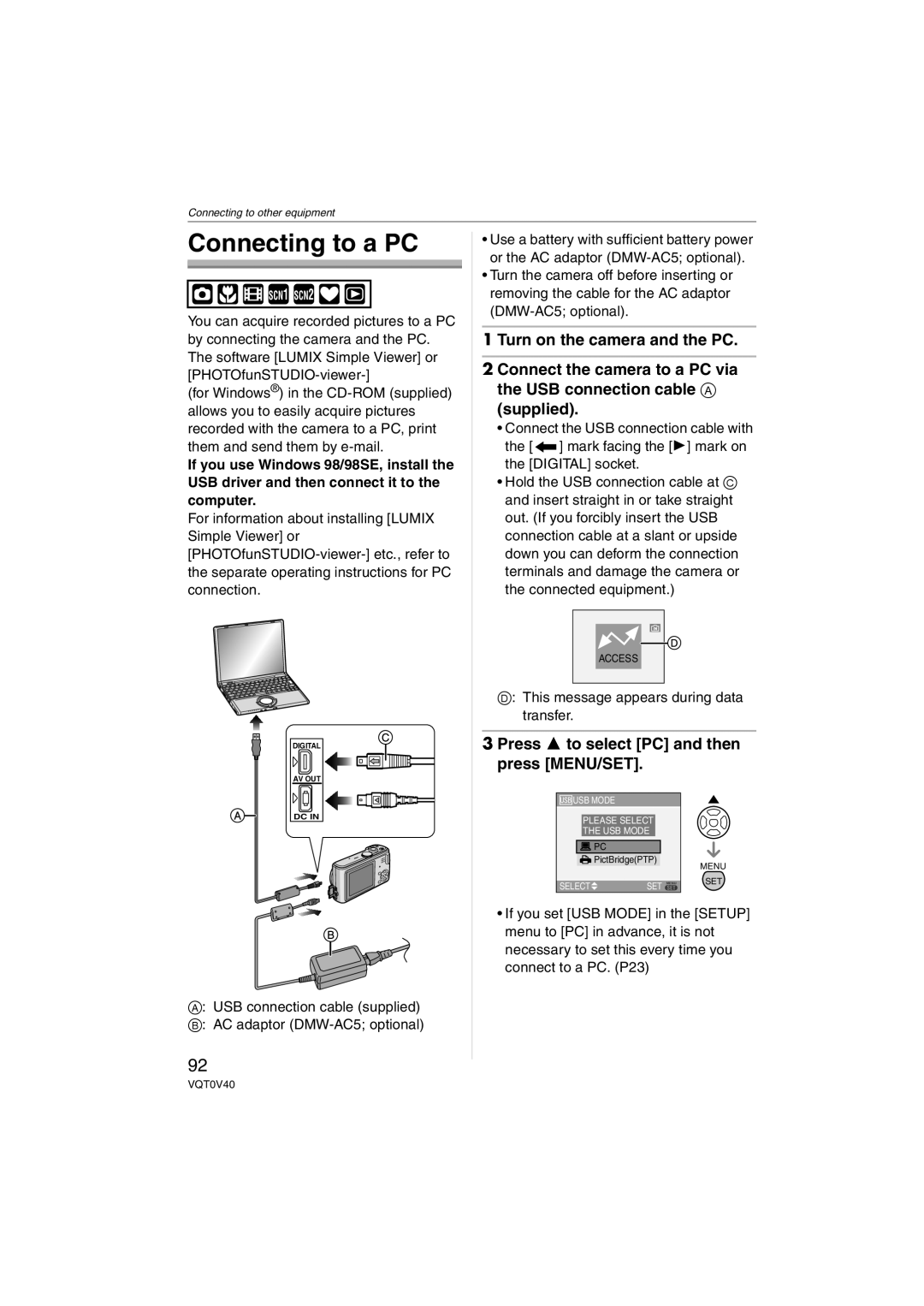 Panasonic DMC-TZ1 operating instructions Connecting to a PC, Press 3 to select PC and then press MENU/SET 