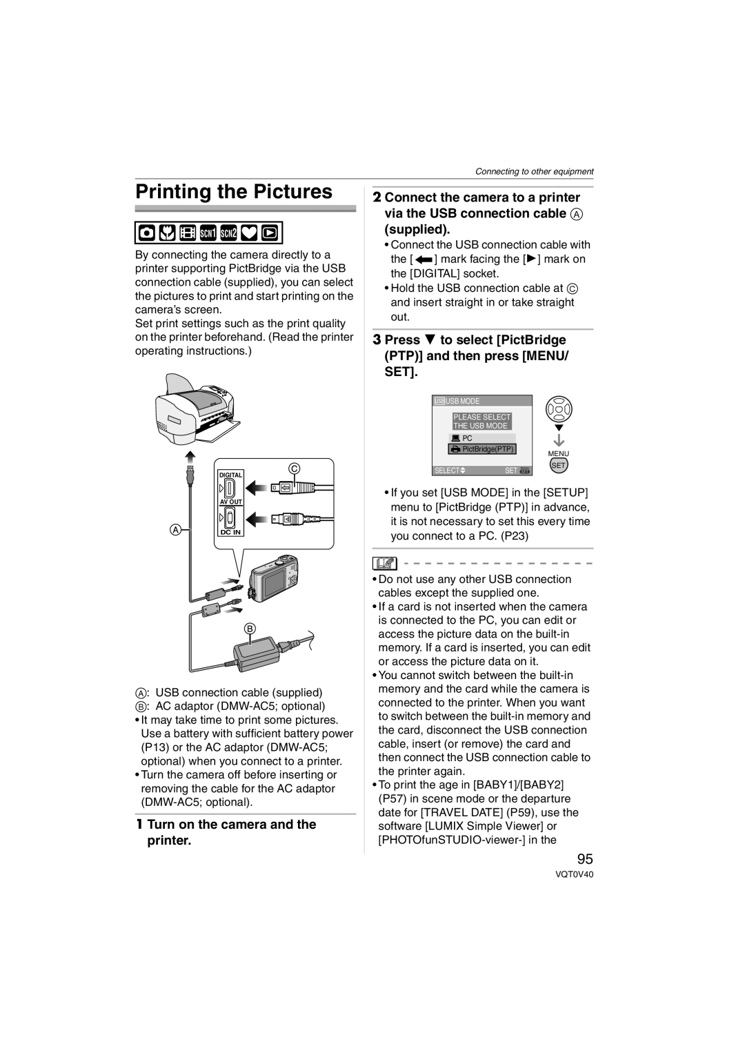 Panasonic DMC-TZ1 operating instructions Printing the Pictures, Press 4 to select PictBridge PTP and then press MENU/ SET 