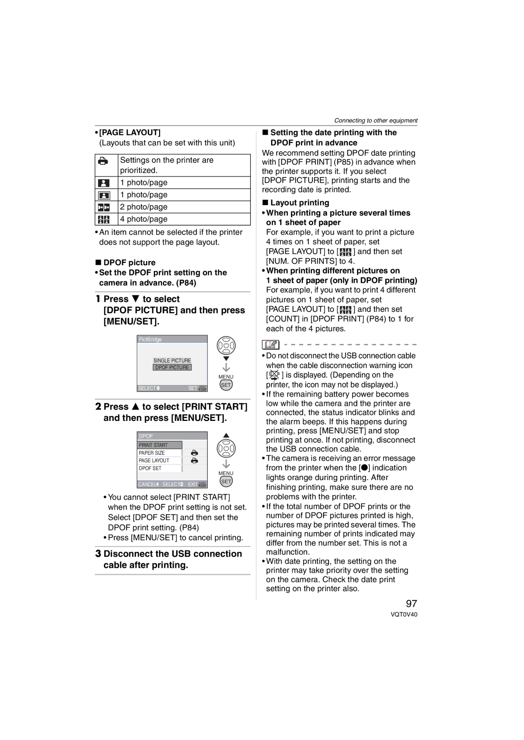 Panasonic DMC-TZ1 Press 4 to select Dpof Picture and then press MENU/SET, Layout, When printing different pictures on 