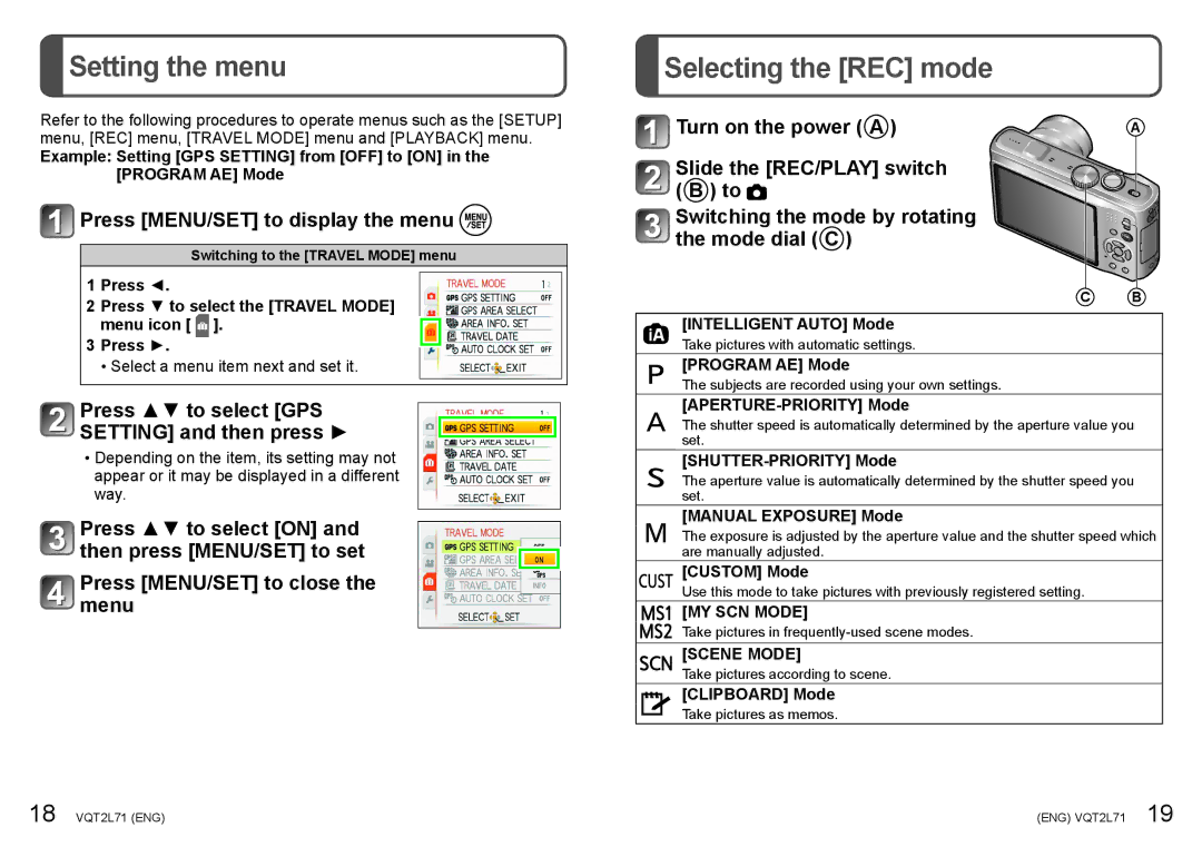 Panasonic DMC-TZ10 operating instructions Setting the menu, Selecting the REC mode, Press MENU/SET to display the menu 