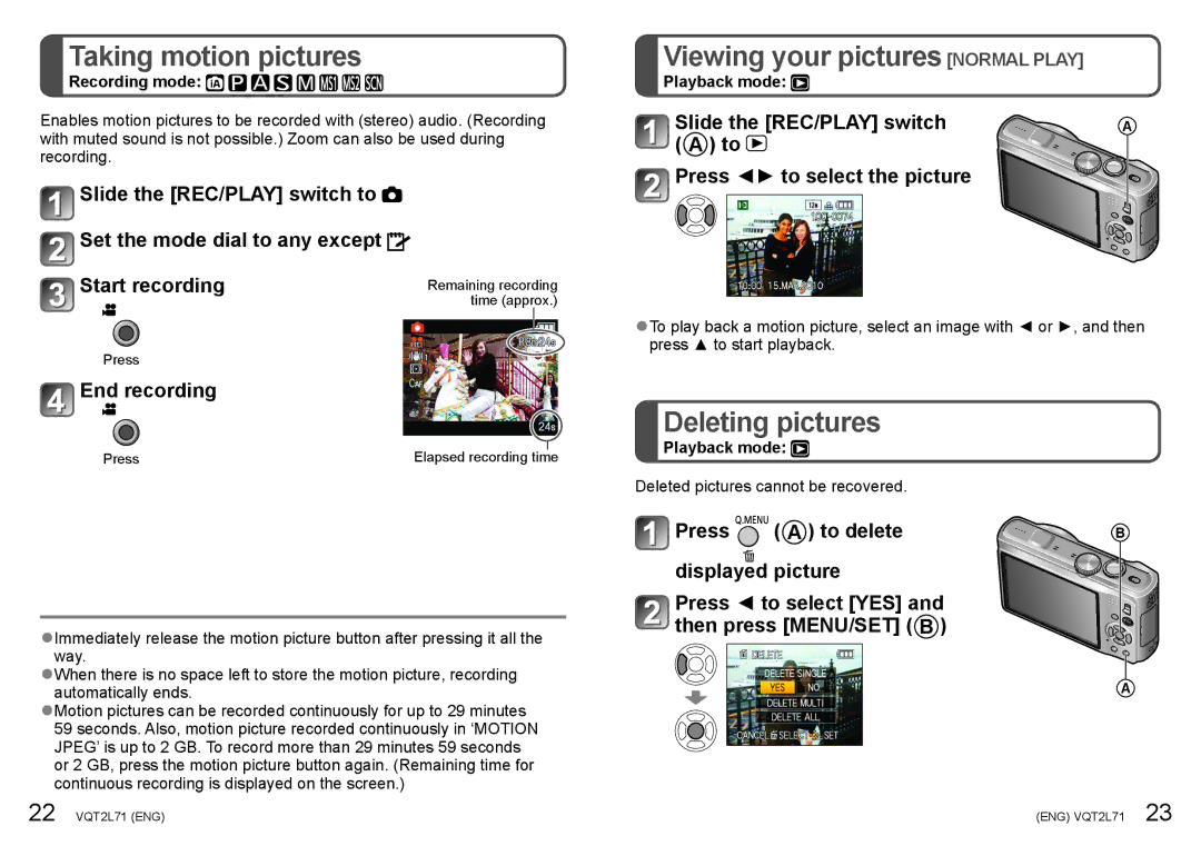 Panasonic DMC-TZ10 Taking motion pictures, Viewing your pictures Normal Play, Deleting pictures, End recording 