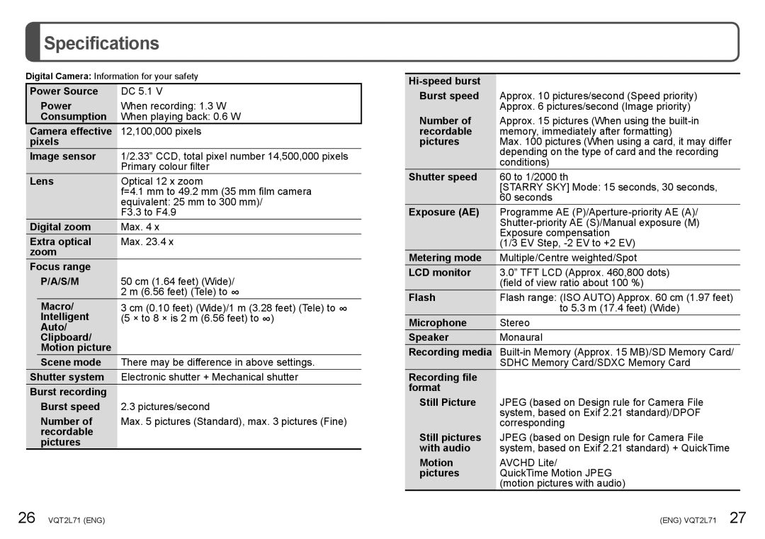 Panasonic DMC-TZ10 operating instructions Specifications, S/M 