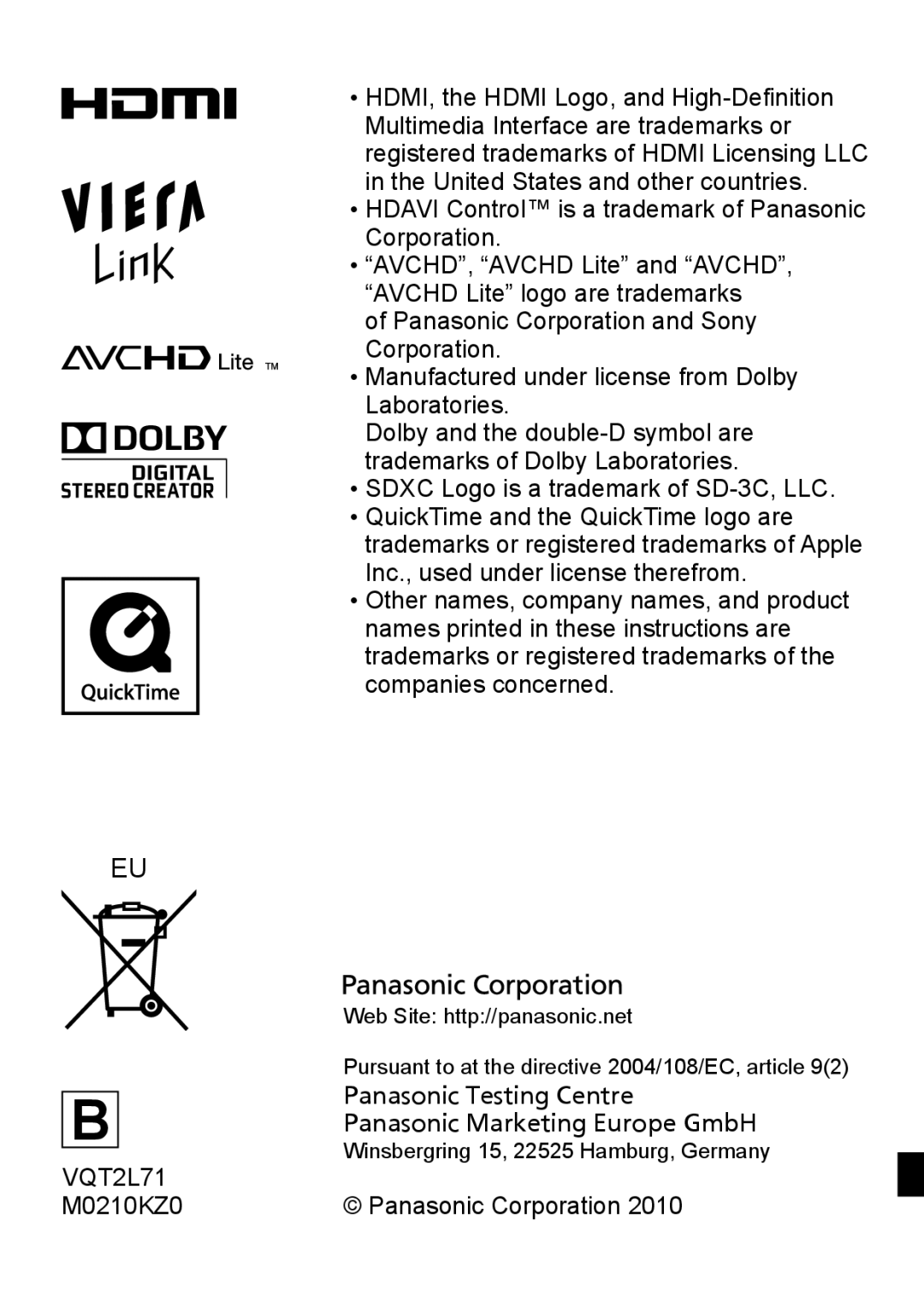 Panasonic DMC-TZ10 operating instructions VQT2L71 