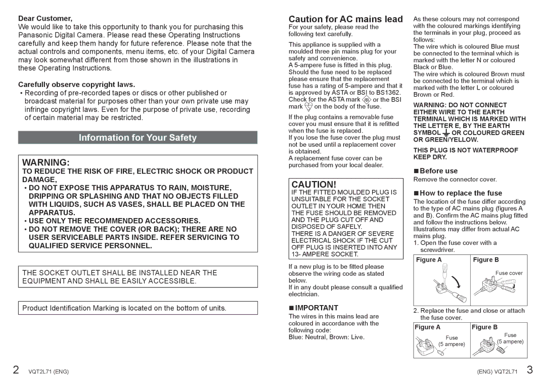 Panasonic DMC-TZ10 Dear Customer, Carefully observe copyright laws, Before use, How to replace the fuse 