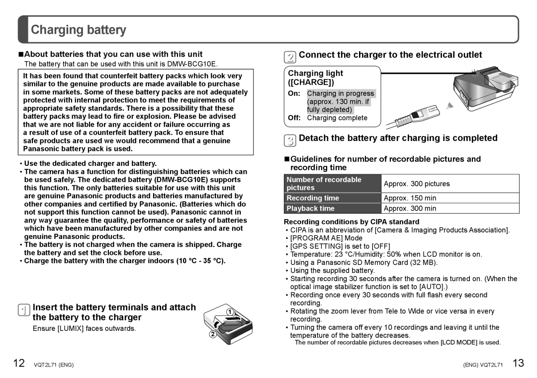 Panasonic DMC-TZ10 Charging battery, Connect the charger to the electrical outlet, Charging light Charge 