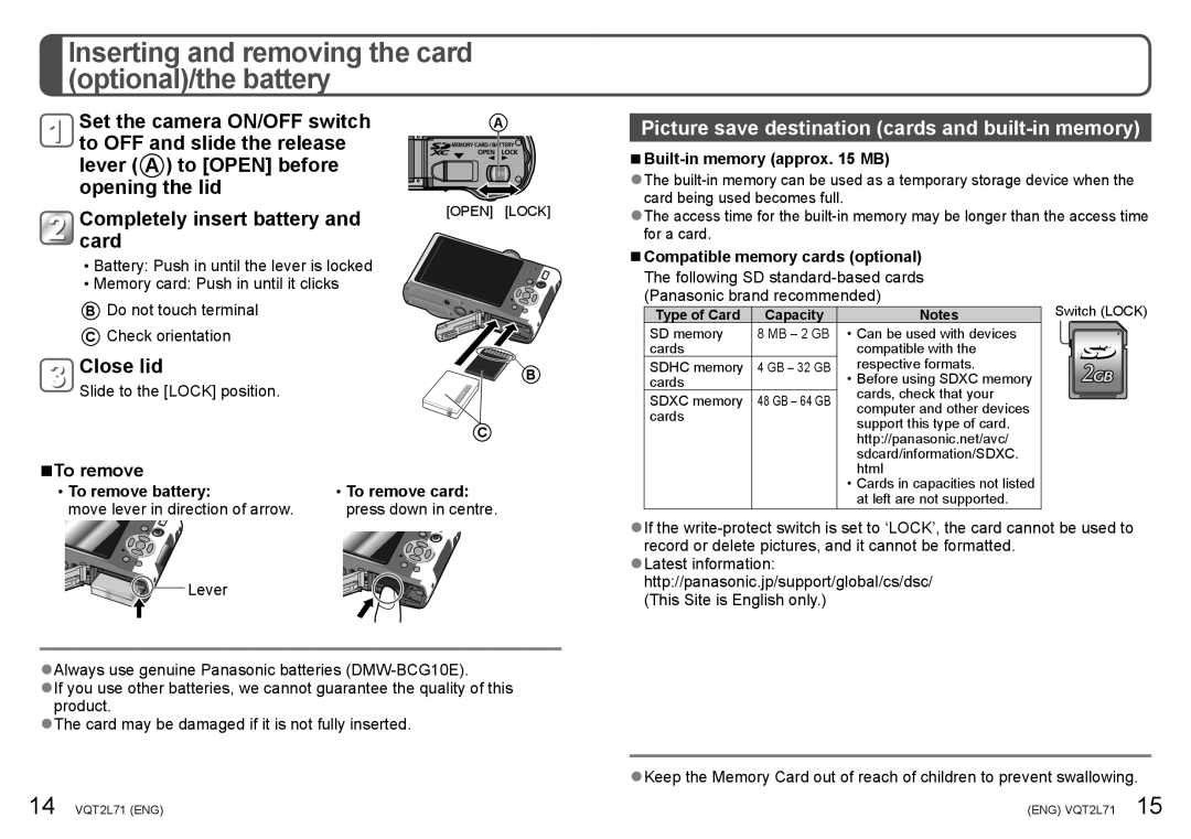 Panasonic DMC-TZ10 Inserting and removing the card optional/the battery, Completely insert battery and card, Close lid 