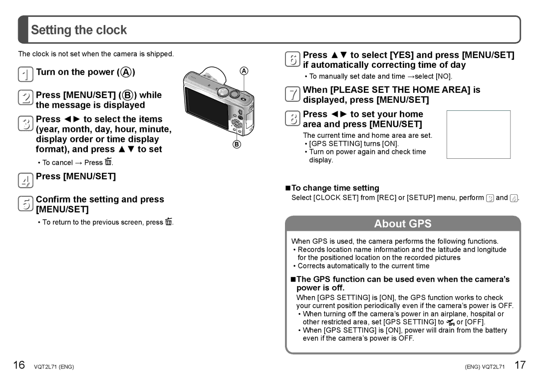 Panasonic DMC-TZ10 Setting the clock, Press MENU/SET Confirm the setting and press MENU/SET, To change time setting 