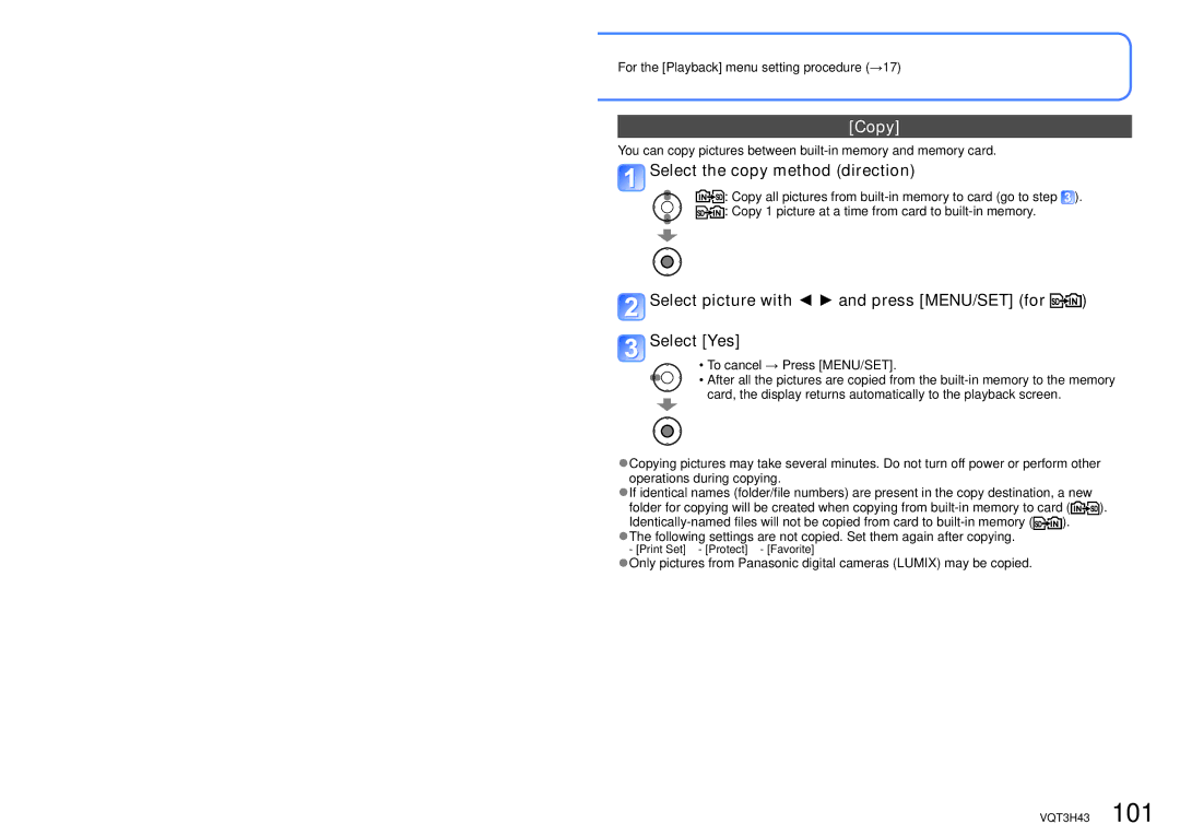 Panasonic MC-ZS8, DMC-TZ18 Copy, Select the copy method direction, Select picture with and press MENU/SET for Select Yes 