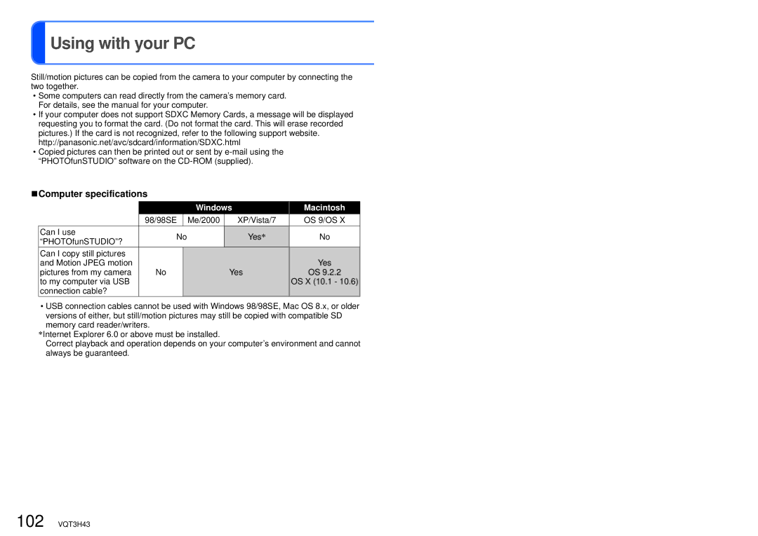 Panasonic DMC-TZ18, MC-ZS8 owner manual Using with your PC, Computer specifications 