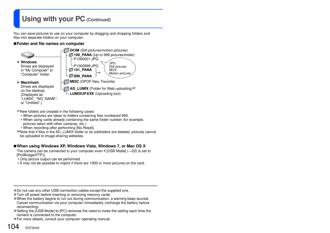 Panasonic DMC-TZ18 Folder and file names on computer, When using Windows XP, Windows Vista, Windows 7, or Mac OS, 101PANA 