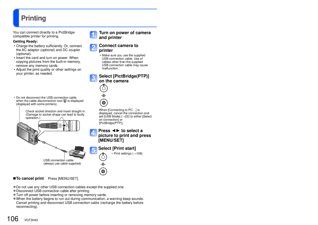 Panasonic DMC-TZ18, MC-ZS8 owner manual Printing, Select PictBridgePTP on the camera 