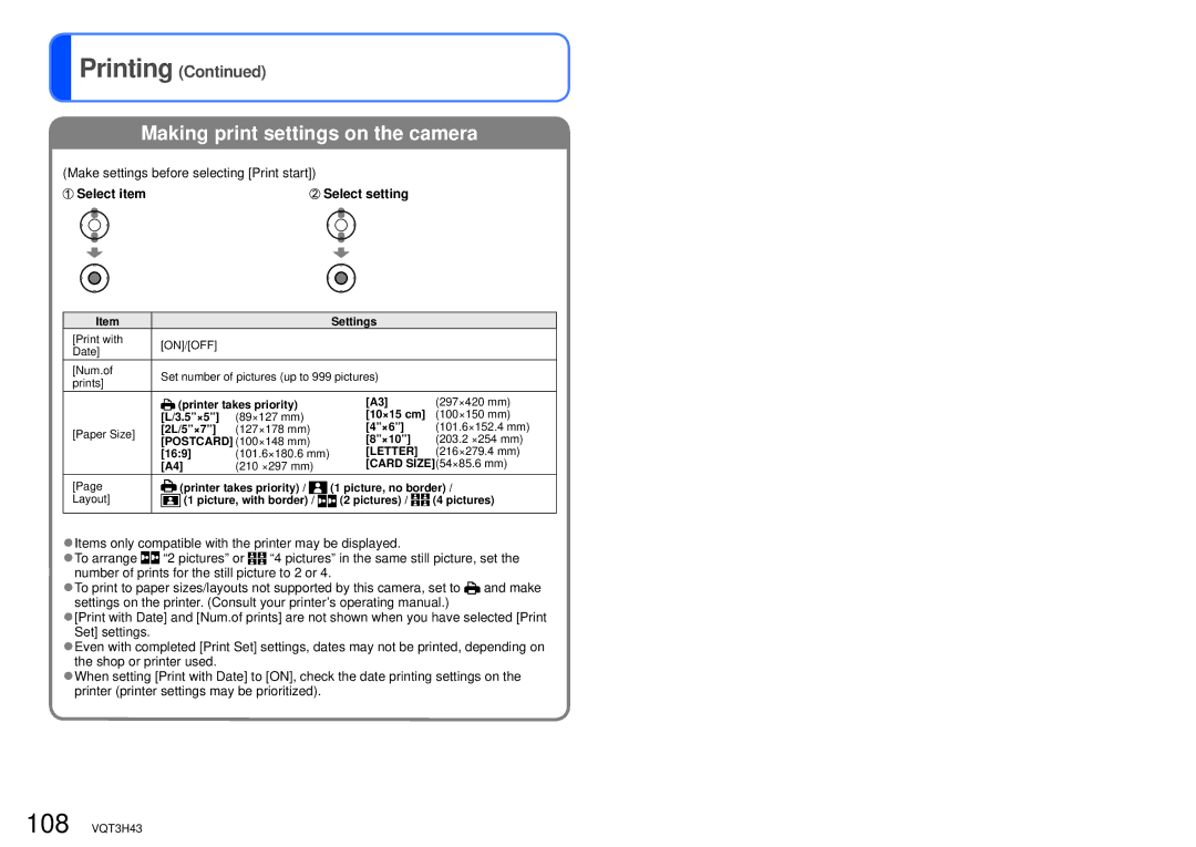 Panasonic DMC-TZ18, MC-ZS8 owner manual Make settings before selecting Print start, Select setting 