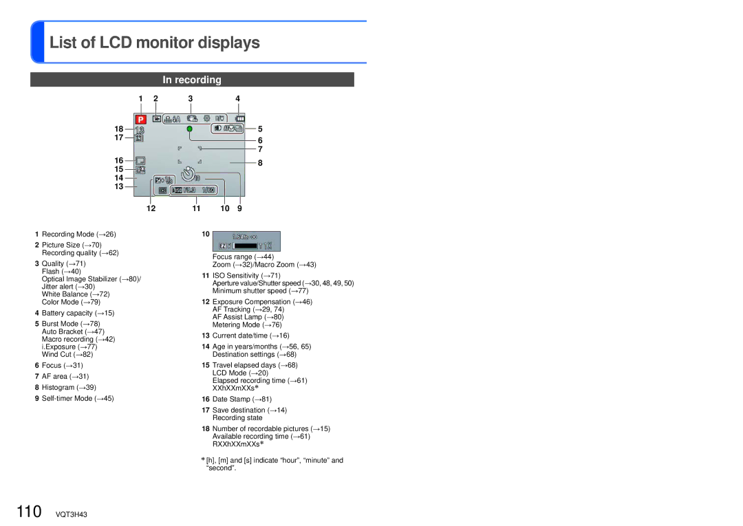 Panasonic DMC-TZ18, MC-ZS8 owner manual List of LCD monitor displays, Recording 