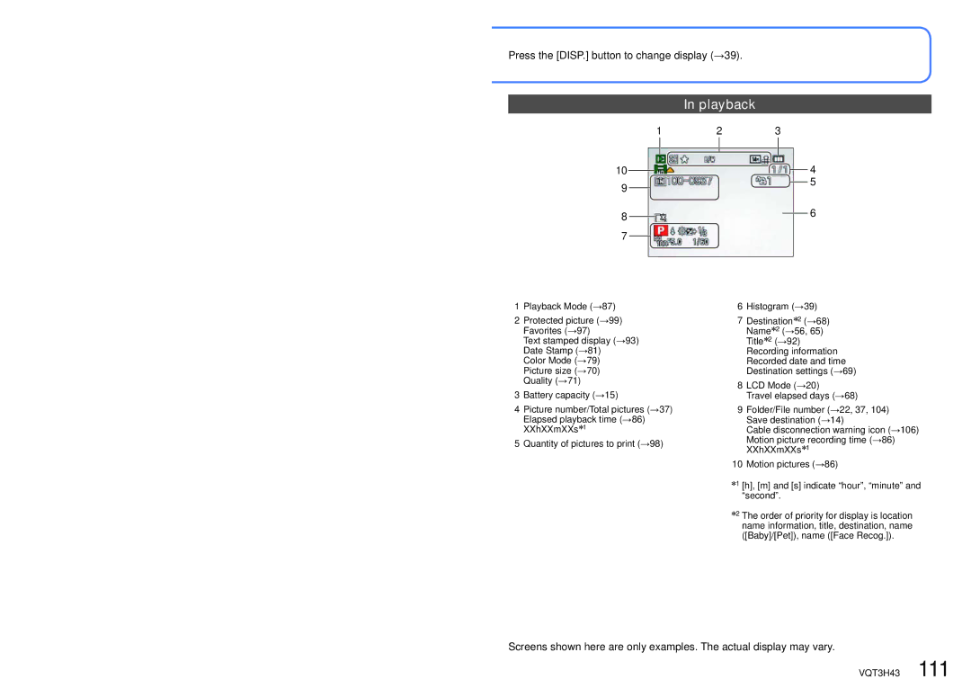 Panasonic MC-ZS8, DMC-TZ18 owner manual Playback, Press the DISP. button to change display →39 