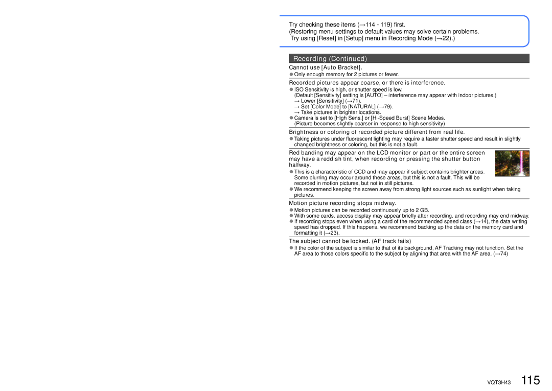 Panasonic MC-ZS8 Try checking these items →114 119 first, Cannot use Auto Bracket, Motion picture recording stops midway 